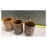 Hand Carved Wooden Tropical Scene Mugs Set