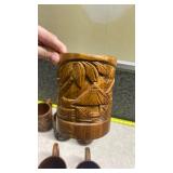Hand Carved Wooden Tropical Scene Mugs Set