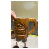 Hand Carved Wooden Tropical Scene Mugs Set