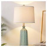 JUNNAI Green Ceramic Table Lamp 24.5: 3-Way Dimmable Nightstand Lamp with White Drum Lamp Shade | Modern Bedside Lamp for Bedrooms & Living Room (Bulb Included)