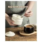 Gomakren Sugar Bowl with Lid and Spoon, Sugar Container Sugar Dish 10oz, Ceramic Sugar Jar for Coffee Bar, Kitchen, Countertop - Modern Farmhouse Kitchen Christmas Decor, White