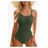 Olive Green Ruched One-Piece Swimsuit L