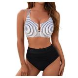 BMJL Womens High Waisted Bikini Sets Modest Tummy Control Swimsuits Cutout Crisscross Ruched Two Piece Bathing Suit(Stripe Black,M)