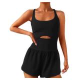 Wenlia Womens Workout Athletic Romper Padded Bras One Piece Workout Outfits Exercise Jumpsuit Gym Exercise Running Onesie, Black M