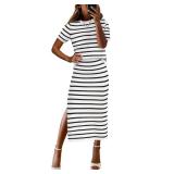 ANRABESS Womens 2 Piece Outfits Striped Sweater Skirt Sets 2025 Summer Casual Short Sleeve Pullover Tops Travel Midi Dress White Black Small