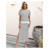 ANRABESS Womens 2 Piece Outfits Striped Sweater Skirt Sets 2025 Summer Casual Short Sleeve Pullover Tops Travel Midi Dress White Black Small