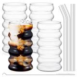 Tessco for you 4 Pcs Creative Glass Cups Vintage Drinking Glasses Ribbed Glassware Aesthetic Cup Entertainment Dinnerware Glassware with Straws Set for Kitchen Coffee Beverage(16 oz,Clear)