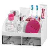 VITVITI Toothbrush Holders for Bathrooms Countertop, 5 Slots Toothpaste Bathroom Counter Sink Organizer with Drawers, Plastic Bathroom Organizer for Vanity/Makeup/Office White