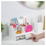 VITVITI Toothbrush Holders for Bathrooms Countertop, 5 Slots Toothpaste Bathroom Counter Sink Organizer with Drawers, Plastic Bathroom Organizer for Vanity/Makeup/Office White