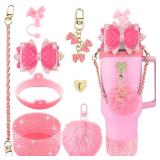 SEMATA Bling Stanley Cup Accessories for 40oz & 30oz Tumbler including Silicone Cute Bow Straw Topper Cover, Silicone Stanley Cup Boot,Leather Water Bottle Handle Strap, Charms(Peony)