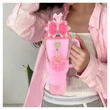 SEMATA Bling Stanley Cup Accessories for 40oz & 30oz Tumbler including Silicone Cute Bow Straw Topper Cover, Silicone Stanley Cup Boot,Leather Water Bottle Handle Strap, Charms(Peony)