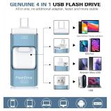 Flash Drive for iPhone 256GB, 4 in 1 USB Type C Memory Stick, Photo Stick External Storage Thumb Drive for iPhone iPad Android Computer, Sky Blue