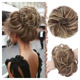FESHFEN Messy Bun Hair Pieces - Large Wavy Curly Elastic Hair Bun Scrunchies Ponytail Extensions Synthetic Chignon Hairpieces for Women, Copper Brown & Beige Blonde 1.94oz