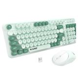 Wireless Keyboard and Mouse,Retro Typewrite Keyboard and Mouse Combo with Round Keypads,2.4G Cute Full Size Keyboard and Mouse Wireless, Home Office Keyboard for Computer Laptop Windows, Mint Green