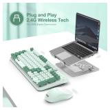 Wireless Keyboard and Mouse,Retro Typewrite Keyboard and Mouse Combo with Round Keypads,2.4G Cute Full Size Keyboard and Mouse Wireless, Home Office Keyboard for Computer Laptop Windows, Mint Green