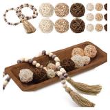 Teenyyou 17 Pcs Wooden Centerpiece Table Decorations Wood Dough Bowl Wicker Rattan Balls Beads String with Tassel Natural Decorative Tray Rustic Bowl Filler for Dining Room Kitchen(Brown)