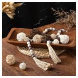 Teenyyou 17 Pcs Wooden Centerpiece Table Decorations Wood Dough Bowl Wicker Rattan Balls Beads String with Tassel Natural Decorative Tray Rustic Bowl Filler for Dining Room Kitchen(Brown)