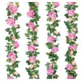 Teldrassil 4Pcs(26 FT) Artificial Rose Vine Fake Flower Garland Fake Silk Rose Hanging Vine for Wedding Party Background Arch Garden Background Decoration (Purplish Red)