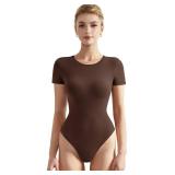 SUUKSESS Women Short Sleeve Bodysuit Crew Neck Thong Body Suit Shirts Basic Tops (Coffee, XL)