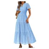 PRETTYGARDEN Womens 2025 Summer Maxi Dress Short Sleeve V Neck Hollow Out Eyelet A Line Long Flowy Beach Vacation Dresses (Light Blue,XX-Large)