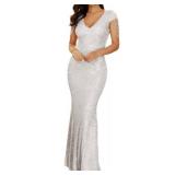 Women 1920s Formal Dress Tassels Sleeve Sequins Gatsby Maxi Evening Gown (L, Silver)