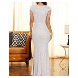 Women 1920s Formal Dress Tassels Sleeve Sequins Gatsby Maxi Evening Gown (L, Silver)