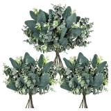 Winlyn 20 Pcs Mixed Artificial Oval Eucalyptus Leaves Bulk with White Seeds Stems and Spray for Vase Floral Wreath Bouquets Wedding Greenery Decoration