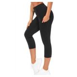 THE GYM PEOPLE Thick High Waist Capris Yoga Pants with Pockets, Tummy Control Workout Running Yoga Leggings for Women Black Large