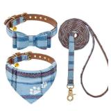 EXPAWLORER Puppy Collar and Leash Set - Embroidery Pawprints Plaid Dog Collar with Bow Tie and Bandana, Cute Collar and Leash for Dogs and Cats, Blue XS