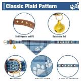 EXPAWLORER Puppy Collar and Leash Set - Embroidery Pawprints Plaid Dog Collar with Bow Tie and Bandana, Cute Collar and Leash for Dogs and Cats, Blue XS