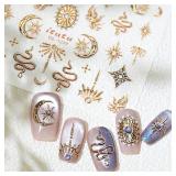 1 Sheets Gold Nail Stickers for Nail Art 5D Star Nail Art Stickers Bronzing Moon Flame Nail Decals Embossed Stars Snake Nail Supplies Gold Star Moon Sun Nails Decoration for Women Nails Designs
