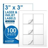 3 X 3 Square Printable Labels Compatible with Inkjet and Laser Printers - 100 Sheets, 600 Matte White Paper Stickers for QR Codes, Barcodes, and Product Labeling - Spartan Industrial Template S004