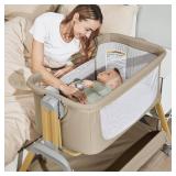 Retails for $171! 3 in 1 Baby Bassinet, Rocking Bassinets with Comfy Mattress and Wheels, Adjustable Height Bassinet Bedside Sleeper, Easy Folding Portable Crib for Newborn (Khaki)
