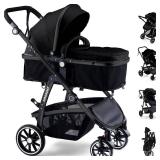Retails for $165! Baby Stroller, 2-in-1 Reversible Toddler Seat with Lie-Flat Mode, Foldable Infant Stroller with Canopy, One Button Brake, Adjustable Handle, Newborn Pushchair (Black B)