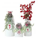 Artificial Christmas Joy Ceramic Vase Set, 3 PCS With Mixed Xmas Decorations for Indoor Decor, 9.5in White Farmhouse Vase for Christmas Mantel Table Kitchen and Bathroom