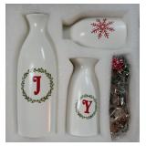 Artificial Christmas Joy Ceramic Vase Set, 3 PCS With Mixed Xmas Decorations for Indoor Decor, 9.5in White Farmhouse Vase for Christmas Mantel Table Kitchen and Bathroom