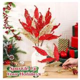 10 Pcs Christmas Glitter Leaves Large Ornaments for Christmas Tree Picks Sprays Artificial Stems Branches Twigs Sprigs Floral for Xmas Tree Wreath Garland Vase DIY Decor(Red and Gold