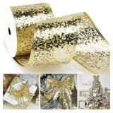 2.5 Inch Gold Mesh Wired Ribbon Metallic Sequin Glitter Web for Christmas Tree Gift Wrapping Crafts Topper Bows Wreaths Holiday Decor Garland 10 Yards