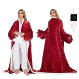 Electric Heated Wearable Blanket - Flannel & Sherpa, Queen Size, Red, 6 Heating Levels & Timer, Wearable with Built-in Foot Pockets & Sleeves
