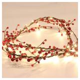 Set of 2 Red Berry Branch Pre-lit Garland with 30LED Lights, Battery Operated Fairy String Lights with Timer Function for Christmas Mantle Decoration - 5.9FT - Retail: $34