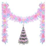16.4 ft Christmas Tinsel Garland Lighted Metallic Twist Tree Decoration Prelit Battery Operated 50 LED Hanging Garland for Xmas New Year Home Outdoor Decor(Multicolor, Pink) - Retail: $21