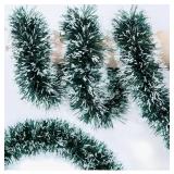 50 Feet Christmas Tinsel Garland Metallic Tinsel Twist Garland Glitter Foil Garland for Christmas Tree Ornaments Hanging Decoration (Green Snowy)