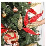 10 Pcs Christmas Glitter Leaves Large Ornaments for Christmas Tree Picks Sprays Artificial Stems Branches Twigs Sprigs Floral for Xmas Tree Wreath Garland Vase DIY Decor(Red and Gold