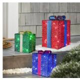 Set of 3 Christmas Lighted Gift Boxes, Outdoor Led Present Box Lights with Bow, Light Up Multicolor Present Box Set Plug in for Yard Lawn Porch Garden Holiday Party Christmas Home Decorations