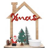 Christmas Wooden Small House Crafts, Xmas Scene Holiday Desktop Ornament for Table Centerpieces, Home Merry Christmas Sign, Rustic Winter Village Set Decor with Santa Claus, Xmas