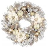 Valery Madelyn 24" Pre-Lit Christmas Wreath for Front Door with Lights, Collapsible Lighted Outdoor Christmas Wreath with Champagne Gold Xmas Balls Magnolia for Home Fireplace Window Holiday Decor - R