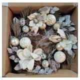 Valery Madelyn 24" Pre-Lit Christmas Wreath for Front Door with Lights, Collapsible Lighted Outdoor Christmas Wreath with Champagne Gold Xmas Balls Magnolia for Home Fireplace Window Holiday Decor - R