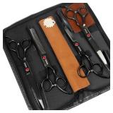 KINGSTAR 7.0in Titanium Black Professional Pet Grooming Scissors Set,Straight & Thinning & Curved Scissors 4pcs Set for Dog Grooming,(Black)