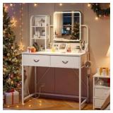 EnHomee Small Vanity Desk with Mirror and Lights, Makeup Vanity with Fabric Storage Drawers, White Vanity with Power Outlet and Fold-up Panel, Bedroom, Small Space( broken mirror )