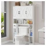 Over The Toilet Storage Cabinet, Farmhouse Toilet Cabinet Rack with 3 Barn Doors, Space Saving Bathroom Organizer with Shelves, Toilet Paper Holder and Towel Rack for Bathroom,Restroom,Laundry, White